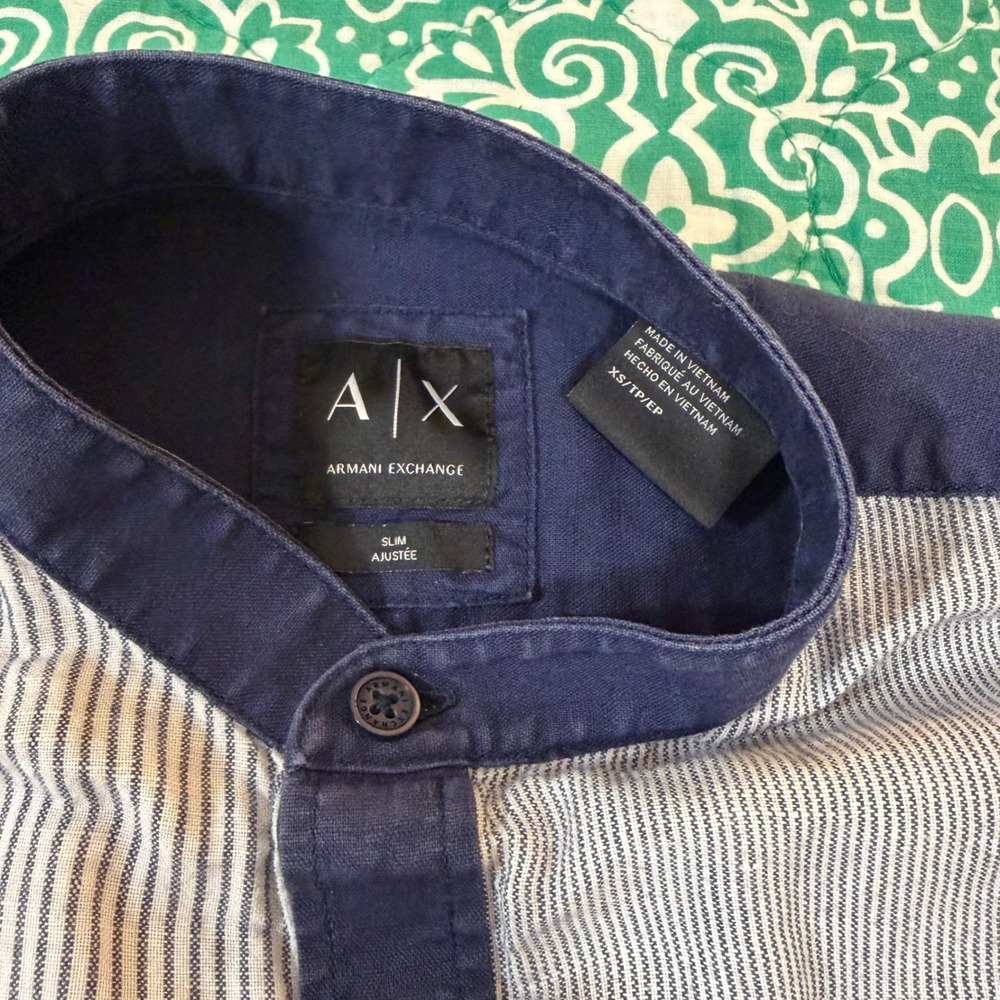 Armani Exchange Mens XS Slim Fit Striped Mandarin Collar Button Up Shirt Blue - Picture 3 of 5